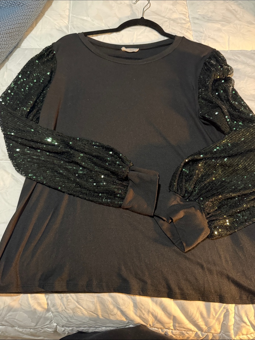 Women's Black Sequin Puff-Sleeve Blouse
